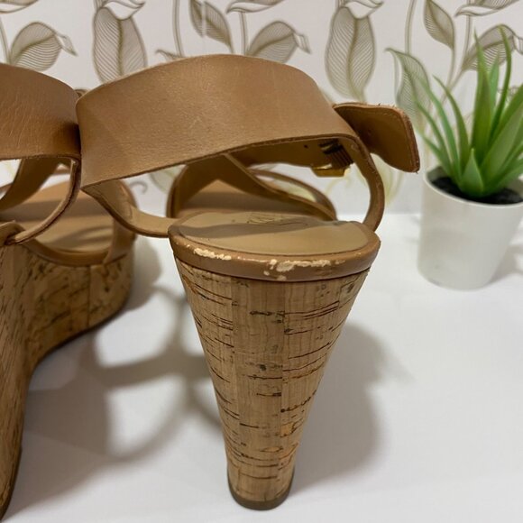 Franco Sarto Wedge Sandals With Straps & Cork Heel - Size 8 - Tan Leather Upper - Picture 5 of 12